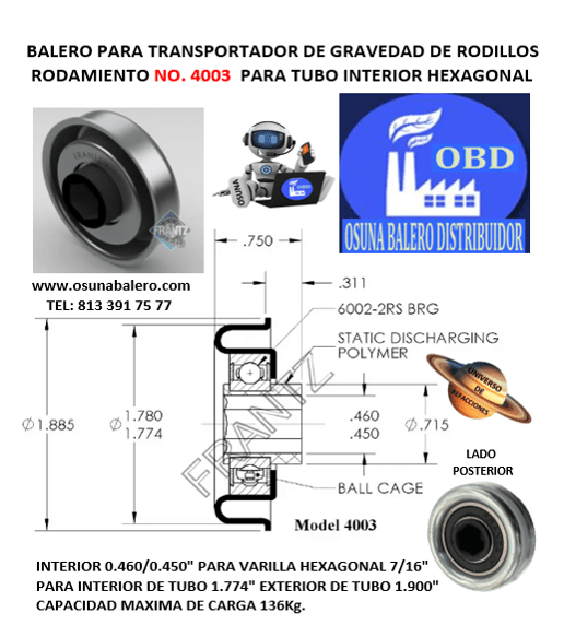 4003 BALERO FRANTZ INTERIOR PLASTICO HEXAGONAL 7/16″ PARA INTERIOR DE TUBO 1.774″