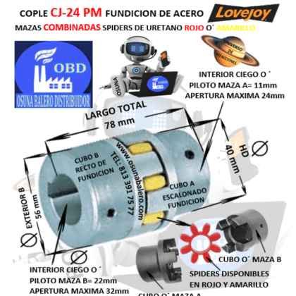 CJ24/32-A-B COPLE LOVEJOY DE FIERRO (PM) MAZAS COMBINADAS EXTERIOR 56mm LARGO 78mm CON SPIDER ROJO O´ AMARILLO