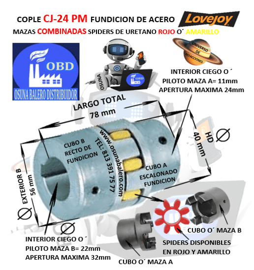 CJ24/32-A-B COPLE LOVEJOY DE FIERRO (PM) MAZAS COMBINADAS EXTERIOR 56mm LARGO 78mm CON SPIDER ROJO O´ AMARILLO
