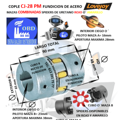 CJ28/38-A-B COPLE LOVEJOY DE FIERRO (PM) MAZAS COMBINADAS EXTERIOR 65mm LARGO 90mm CON SPIDER ROJO O´ AMARILLO