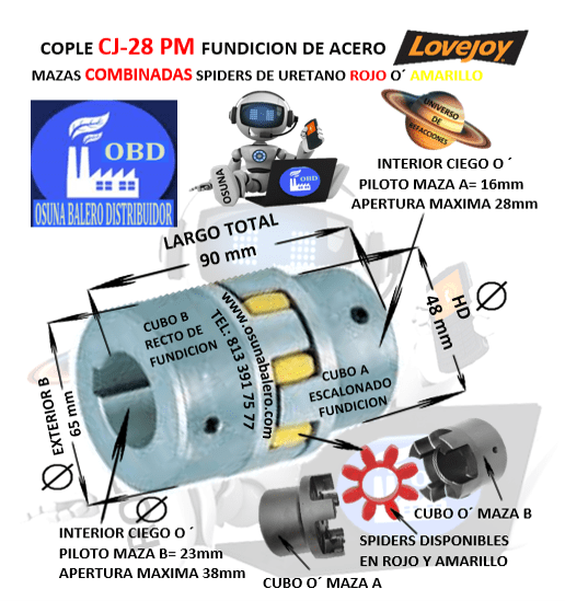 CJ28/38-A-B COPLE LOVEJOY DE FIERRO (PM) MAZAS COMBINADAS EXTERIOR 65mm LARGO 90mm CON SPIDER ROJO O´ AMARILLO