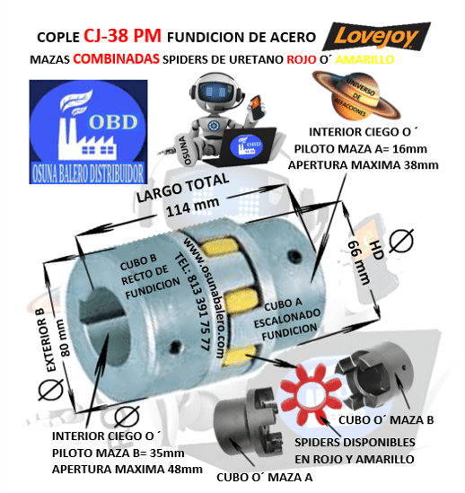 CJ38/45-A-B COPLE LOVEJOY DE FIERRO (PM) MAZAS COMBINADAS EXTERIOR 80mm LARGO 114mm CON SPIDER ROJO O´ AMARILLO