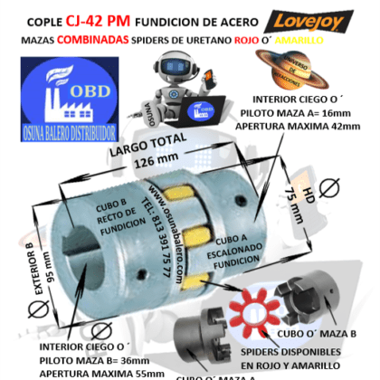 CJ42/55-A-B COPLE LOVEJOY DE FIERRO (PM) MAZAS COMBINADAS EXTERIOR 95mm LARGO 125mm CON SPIDER ROJO O´ AMARILLO