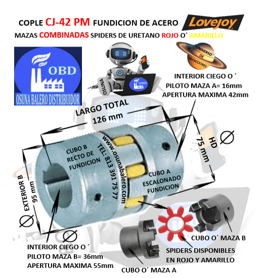 CJ42/55-A-B COPLE LOVEJOY DE FIERRO (PM) MAZAS COMBINADAS EXTERIOR 95mm LARGO 125mm CON SPIDER ROJO O´ AMARILLO