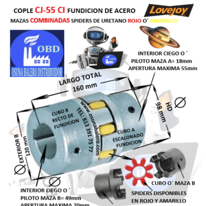 CJ55/70-A-B COPLE LOVEJOY DE FIERRO (CI) MAZAS COMBINADAS EXTERIOR 120mm LARGO 160mm CON SPIDER ROJO O´ AMARILLO