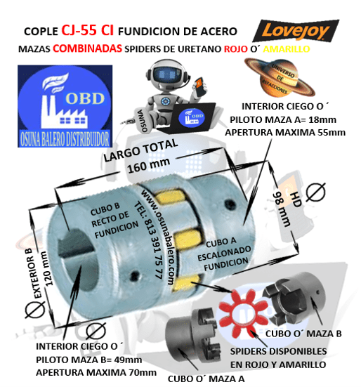 CJ55/70-A-B COPLE LOVEJOY DE FIERRO (CI) MAZAS COMBINADAS EXTERIOR 120mm LARGO 160mm CON SPIDER ROJO O´ AMARILLO