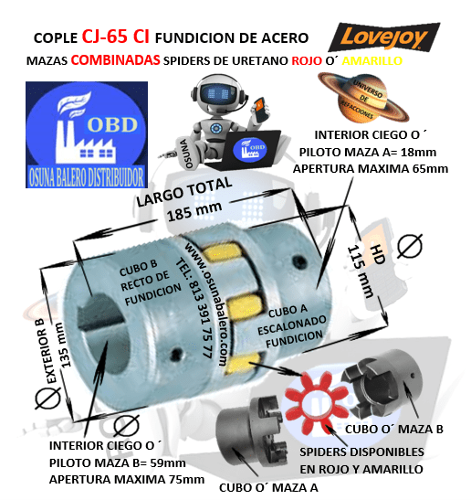 CJ65/75-A-B COPLE LOVEJOY DE FIERRO (CI) MAZAS COMBINADAS EXTERIOR 135mm LARGO 185mm CON SPIDER ROJO O´ AMARILLO
