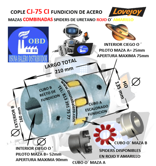 CJ75/90-A-B COPLE LOVEJOY DE FIERRO (CI) MAZAS COMBINADAS EXTERIOR 160mm LARGO 210mm CON SPIDER ROJO O´ AMARILLO