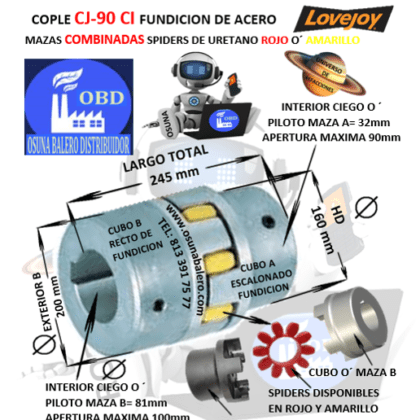 CJ90/100-A-B COPLE LOVEJOY DE FIERRO (CI) MAZAS COMBINADAS EXTERIOR 200mm LARGO 245mm CON SPIDER ROJO O´ AMARILLO