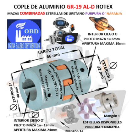 GR-19 AL-D-1-1a COPLE ROTEX (KTR) DE ALUMINIO MAZAS COMBINADAS (1-1a) EXTERIOR 40mm LARGO 66mm CON ESTRELLA PURPURA O´ NARANJA