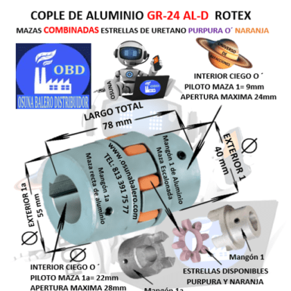 GR-24 AL-D-1-1a COPLE ROTEX (KTR) DE ALUMINO MAZAS COMBINADAS (1-1a) EXTERIOR 55mm LARGO 78mm CON ESTRELLA PURPURA O´ NARANJA