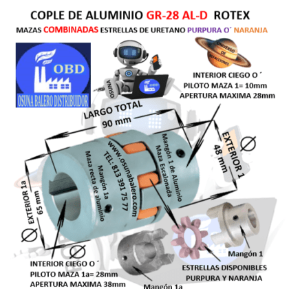 GR-28 AL-D-1-1a COPLE ROTEX (KTR) DE ALUMINO MAZAS COMBINADAS (1-1a) EXTERIOR 65mm LARGO 90mm CON ESTRELLA PURPURA O´ NARANJA