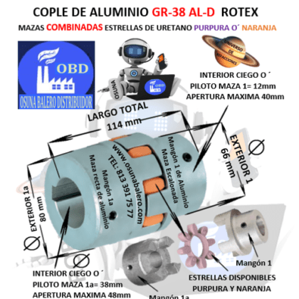GR-38 AL-D-1-1a COPLE ROTEX (KTR) DE ALUMINIO MAZAS COMBINADAS (1-1a) EXTERIOR 80mm LARGO 114mm CON ESTRELLA PURPURA O´ NARANJA