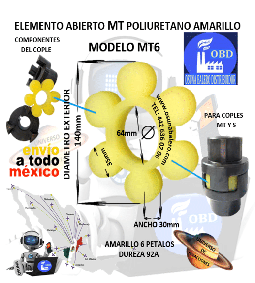 MT6 ELEMENTO DE POLIURETANO TIPO FLOR AMARILLO DUREZA 92A EXTERIOR 140mm