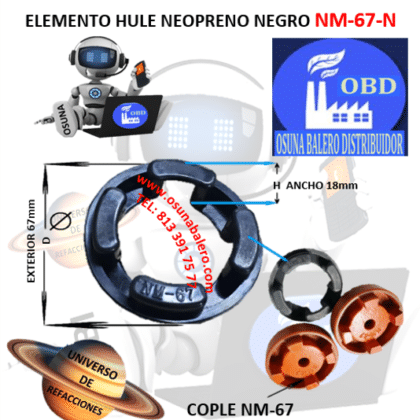 NM-67-N ELEMENTO OBD DE HULE NEOPRENO NEGRO EXTERIOR 67mm ANCHO 18mm