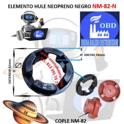 NM-82-N ELEMENTO OBD DE HULE NEOPRENO NEGRO EXTERIOR 82mm ANCHO 18mm